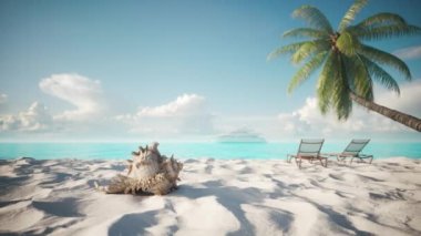 Turkuaz gölüne karşı palmiye ağacı olan kumsal. Palmiye ağacının altında güneşlenirler.