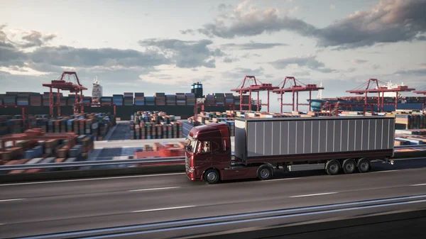 Cargo truck with white trailer. Cargo truck on the port terminal background. 3d illustration