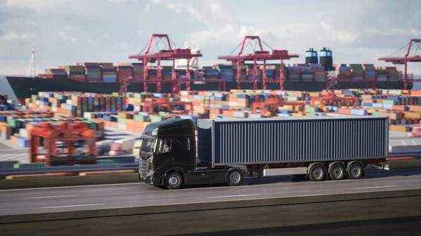 Lastebil Med Container Som Kjører Til Havnen Illustrasjon stockbilde