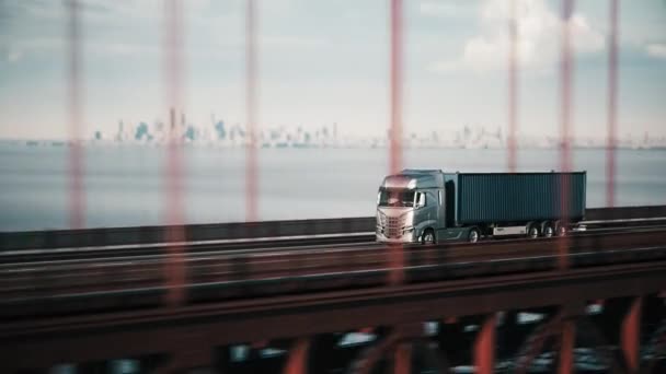 Ciężarówka Kontenerem Jadącym Moście Wizualizacja — Wideo stockowe