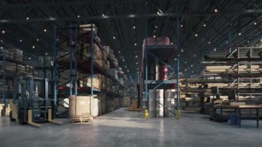 Deponun içinde raflar, paletler ve kutular var. Yüksek raflı ve yükleyicili büyük bir dağıtım deposu. 3d görselleştirme