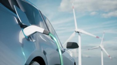 Araba yel değirmeninin arka planında şarj oluyor. Elektrikli araba yükleniyor. Elektrikli araba arka planda rüzgar türbinlerine şarj oluyor. Araçlar yenilenebilir enerji kullanıyor. 3d görselleştirme