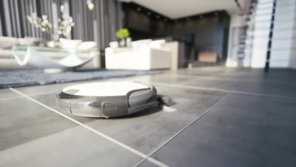 リビングルームのロボット掃除機 床を洗うロボット掃除機 3D可視化 — ストック動画