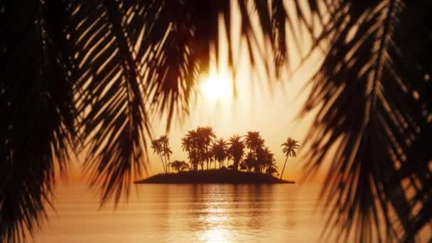 Egy Trópusi Sziget Sziluettje Pálmaleveleken Keresztül Naplemente Kókuszpálmafalon Keresztül Pálmalevél — Stock videók