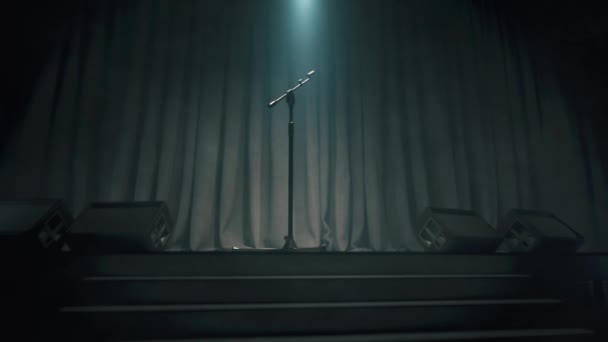暗闇の中でマイクのシルエット マイクを空のステージに立ててください ステージ上のコンサート用マイク — ストック動画