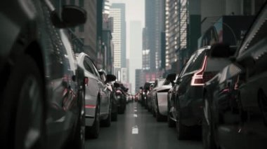 Arabalar trafikte sıkıştı. Yoğun şehir trafiği. Şehir merkezinde trafik sıkışıktı. 3d görselleştirme