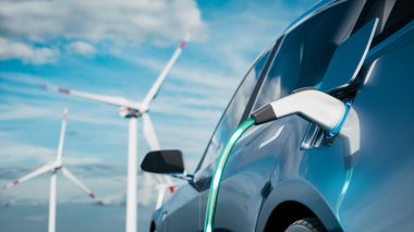 Araba yel değirmeninin arka planında şarj oluyor. Elektrikli araba yükleniyor. Elektrikli araba arka planda rüzgar türbinlerine şarj oluyor. Araçlar yenilenebilir enerji kullanıyor. 3d hazırlayıcı