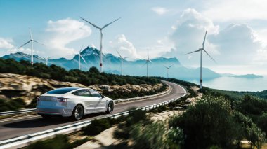Rüzgar türbinlerinin arka planında elektrikli araba sürüşü. Araba dağ yolunda gidiyor. Elektrikli araba yel değirmeni çiftliği boyunca gidiyor. Arabalar için alternatif enerji. Araba ve rüzgar türbinleri çiftliği. 3d hazırlayıcı