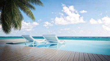 Plaj salonu, güneşli ve güzel deniz manzaralı. Terasta şezlong. 3d illüstrasyon