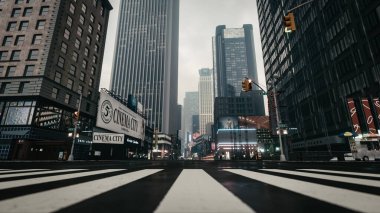 Salgın sırasında sokaklar bomboş. COVID-19 salgını sırasında Manhattan 'da. Büyük şehirde bulutlu. İzolasyon sırasında sokaklar bomboş. 3d hazırlayıcı