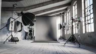 Fotoğraf stüdyosunun içi ekipmanlarla dolu. Profesyonel ekipmanlı fotoğraf stüdyosunun içi. Boş fotoğraf stüdyosu. 3d illüstrasyon
