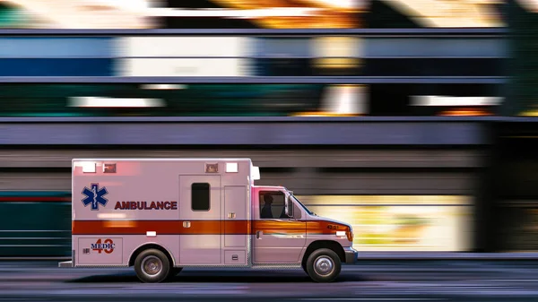 Ambulans şehrin içinden geçiyor. Ambulans geceleri ışıklar yanıp sönerken caddede ilerliyor. Ambulans cadde boyunca gidiyor. 3d hazırlayıcı