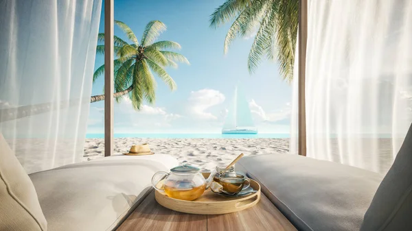 Vipビーチシーサインで快適なラウンジキャノピー 白い天蓋とカーテンで熱帯のビーチシーン ビーチキャノピーからの眺め 3Dイラスト — ストック写真