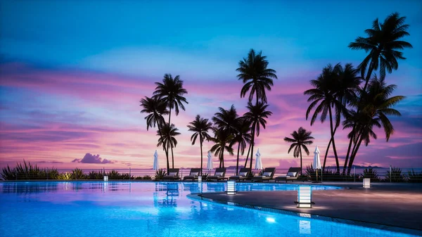 Lounge chair around swimming pool in hotel. Lounge deck chair and pool at sunset. Tropical vacation in luxurious hotel. Lounge bed and palm trees around swimming pool at sunset. 3d illustration