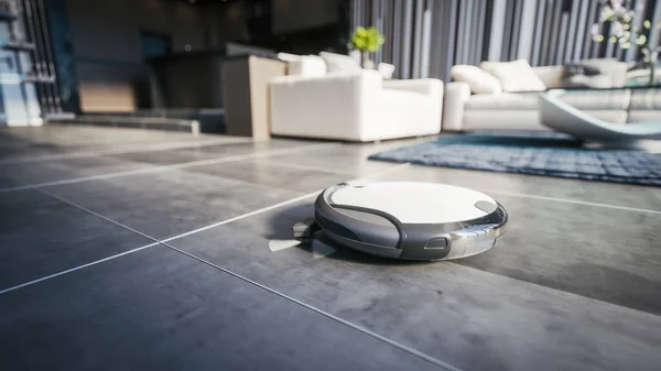 Vacuum Robot auto cleaning at home. Robot vacuum cleaner in the modern living room. Robot vacuum cleaner cleans the floor. 3d illustration