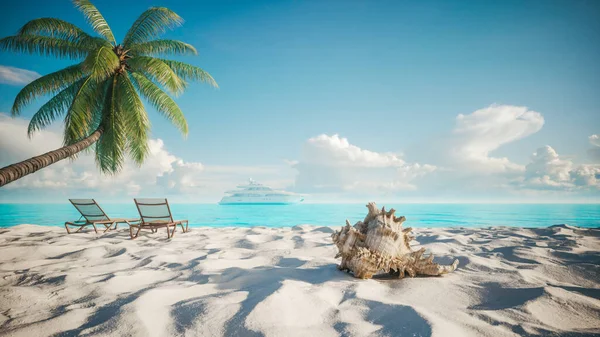 Sandy Beach Med Palmetre Mot Turkis Lagune Solstøtter Palmene Gjengitt – stockfoto