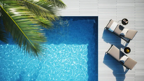 スイミングプール近くのテラスのラウンジチェア プールとラウンジエリアのトップビュー 熱帯休暇の概念 ロイヤリティフリーのストック写真