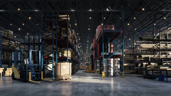高い棚やローダーと巨大な流通倉庫 倉庫での製品 パレットラックの中に段ボール箱付きの倉庫 3Dイラスト ロイヤリティフリーのストック写真