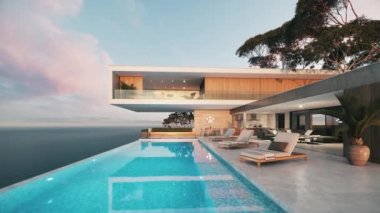 Günbatımında modern lüks villa. Sonsuzluk havuzlu özel bir ev. 3d görselleştirme
