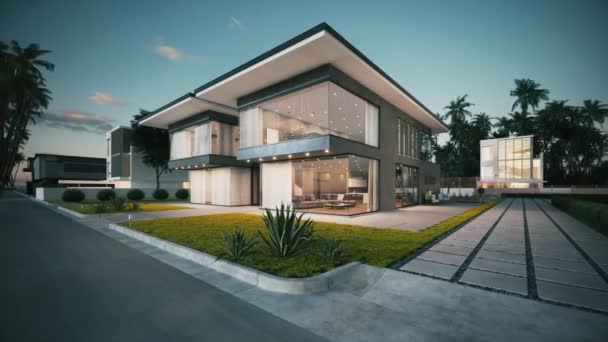 黄昏时的现代豪华住宅 日落时的私人住宅外部 3D可视化 — 图库视频影像