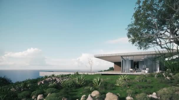 Nowoczesny Luksusowy Dom Widok Ocean Luksusowej Willi Wizualizacja — Wideo stockowe