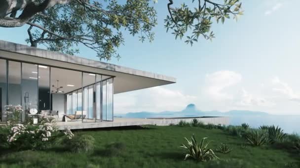 現代的な最小限の家の外観 海の見える家の外観 モダンな高級ヴィラ 3D可視化 — ストック動画
