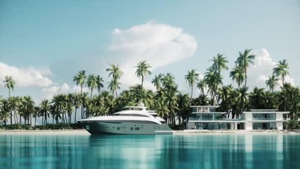Розкішний Будинок Пляжі Яхта Фоні Вілли Візуалізація — стокове відео