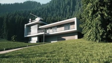 Ormanlı bir ev. Ormanda lüks bir ev. Evin çatısında özel bir helikopter var. Dağ ormanında modern bir ev. 3d görselleştirme