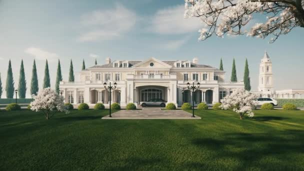 緑の芝生の豪華な住居 美しい高価な家だ 豪華な邸宅の外観 3D可視化 — ストック動画