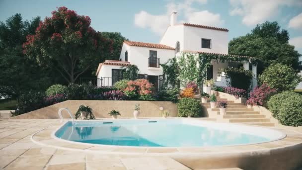 Villa Con Piscina Jardín Villa Española Con Piscina Visualización — Vídeo de stock