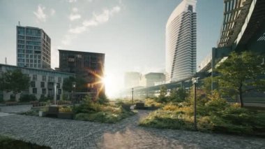 Şehirde sabahın erken saatlerinde. Şehir uyanıyor. Sabahları şehirde kimse olmaz. 3d görselleştirme