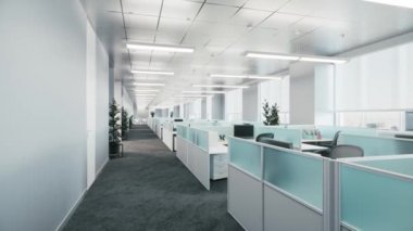 Boş bir ofis odasının içi. Ofiste boş iş istasyonları var. Modern ofis alanı çok şık. 3d görselleştirme