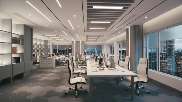 ビジネスセンターのモダンなオフィスインテリア オープンオフィスの空きスペース 現代のオフィススペース 3D可視化 — ストック動画