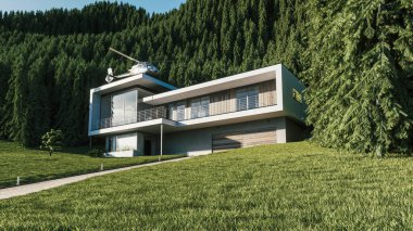 Ormanlı bir ev. Ormanda lüks bir ev. Evin çatısında özel bir helikopter var. Dağ ormanında modern bir ev. 3d illüstrasyon