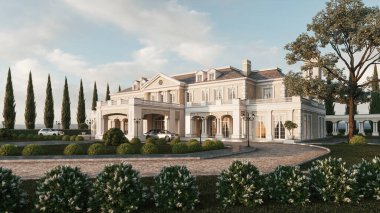 Bahçeli lüks bir malikane. Malikanede pahalı arabalar var. Lüks malikâne villa binası. 3d illüstrasyon