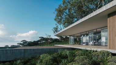 Modern minimal ev. Ev tasarımı. 3d illüstrasyon