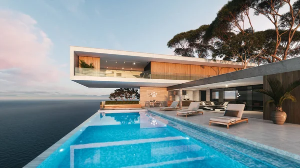 Günbatımında modern lüks villa. Sonsuzluk havuzlu özel bir ev. 3d illüstrasyon