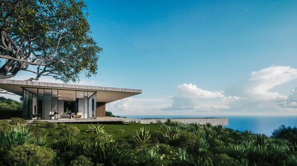 Moderna Casa Minimale Esterno Casa Esterna Con Vista Sull Oceano — Foto Stock