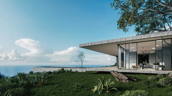 Modern Luxury House. Ocean view from luxury villa. 3d illustration