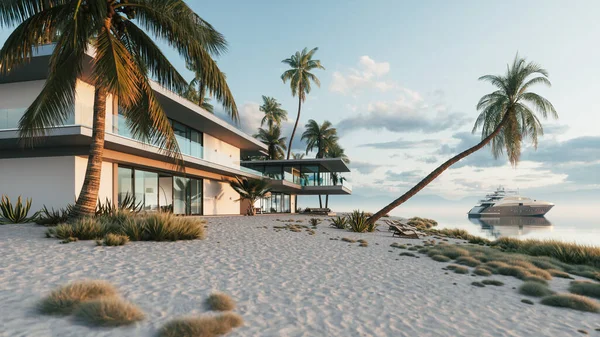 Luksushus Kysten Privat Bolig Stranden Menig Villa Ved Solnedgang Illustrasjon – stockfoto