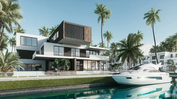 Luxurious Villa Palm Trees Yacht White Yacht Expensive Mansion Illustration Stock Picture