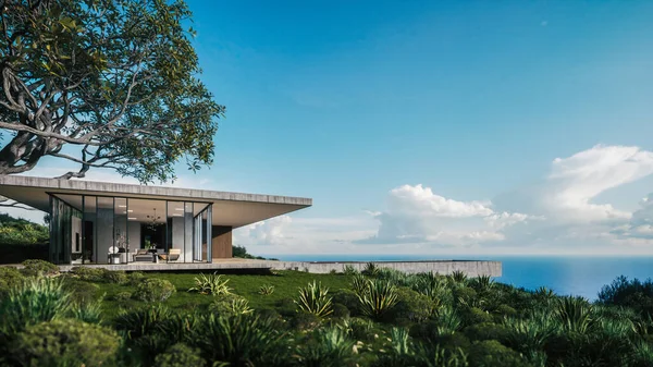 Eksterior Rumah Minim Modern Eksterior Rumah Dengan Pemandangan Laut Villa Stok Gambar Bebas Royalti