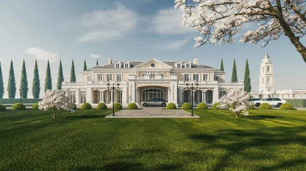 緑の芝生の豪華な住居 美しい高価な家だ 豪華な邸宅の外観 3Dイラスト ロイヤリティフリーのストック写真