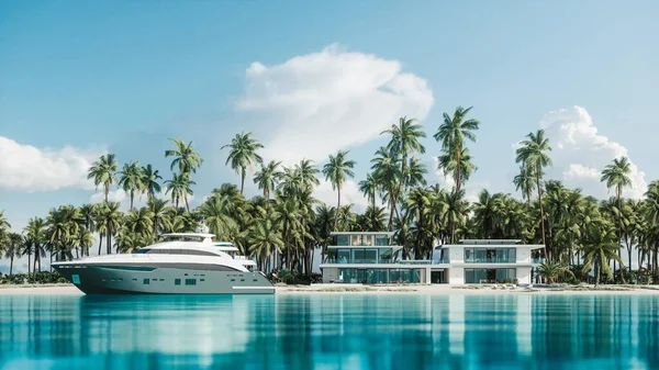Luxus Villa Tengerparti Ház Yacht Villa Hátterében Illusztráció Stock Kép