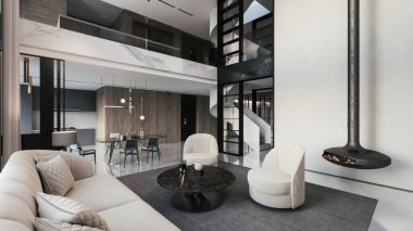 Modern stil bir dairenin lüks bir iç mekanı. Şömineli modern bir oturma odası tasarla. 3d illüstrasyon