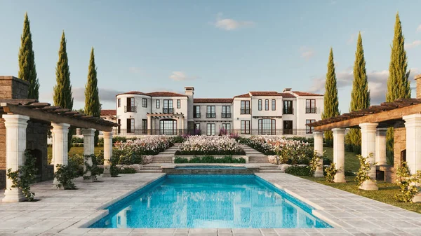 Lüks bir ev ve güzel bir bahçesi var. Eski İtalyan villası. 3d illüstrasyon