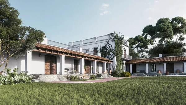 Hus Med Slyngplanter Gammel Villa Med Grøn Græsplæne Mexicanske Hacienda Stock-billede
