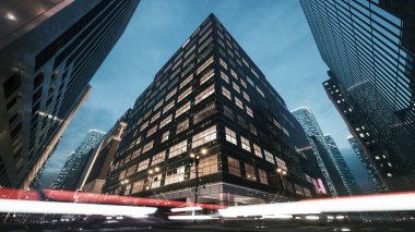 Geceleyin büyük şehrin işlek caddelerinin zamanı. Kavşaklardan geçen araba trafiği. Yol trafiği ve gökdelenler. 3d illüstrasyon