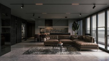 Oturma odası mutfağının minimalist iç kısmı. Zarif mutfak ve yemek alanının içi. 3d illüstrasyon
