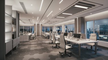 Modern ofis içi bir iş merkezinde. Boş ofis alanı. Modern Ofis Alanı. 3d illüstrasyon